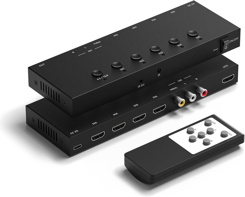 OseTub 5 in 1 Out HDMI/AV Switch, 4K-HD MI+1AV to HDMI Converter Support HDR & HDCP 2.2 & Full 3D with IR Remote Control Compatible with Sega/Xbox/PS1/PS2/Nintendo Switch,Xbox,PS5/PS4,Roku,Apple TV - Image 1